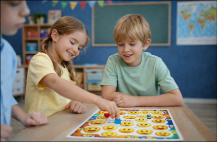 Dzieci grające w grę planszową o emocjach
